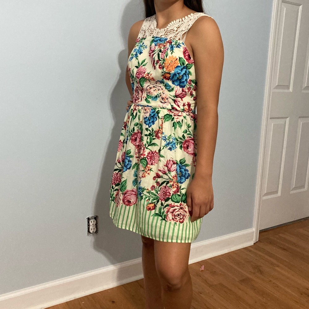 Floral Fit and Flare Dress with Lace Neckline